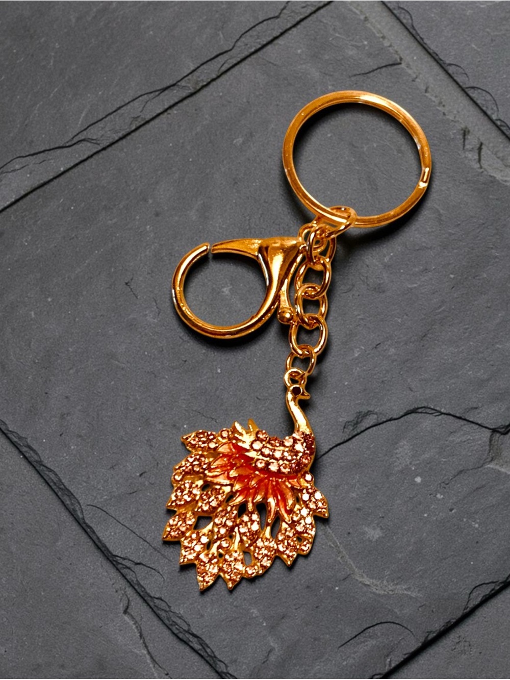 Mint Gold-tone Pink Peacock Keychain with pink Iridescent Crystals. NWT